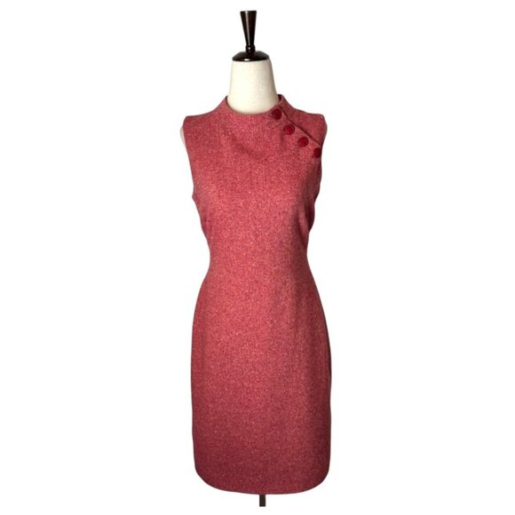 Hobbs London Dress Women 4 Red Wool Silk Tweed Button Neckline Sheath Preppy - Picture 1 of 13
